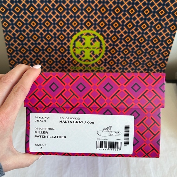 Tory Burch Miller Patent Leather Sandal Size 7 Malta Gray - Picture 12 of 12